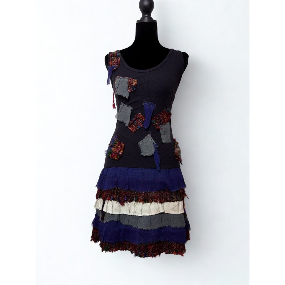 Save The Queen Black Dropwaist Dress Patchwork Appliqué Mixed Fabric Tiers